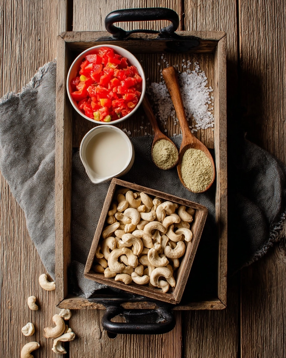 A rustic wooden tray with black metal handles holds several ingredients arranged neatly on a dark gray cloth. In the bottom left, a square wooden box is filled with pale beige cashew nuts, showing their curved shapes and smooth texture. Above it, a small white bowl contains bright red chopped tomatoes with bits of yellow and green. To the left of the tomatoes, a small white ceramic cup holds a creamy white liquid, smooth and shiny. On the right side of the tray, a wooden spoon filled with light green powder rests next to another wooden spoon holding coarse white salt crystals, some of which are scattered around the tray. The tray sits on a wooden surface with visible grain and texture. photo taken with an iphone --ar 4:5 --v 7