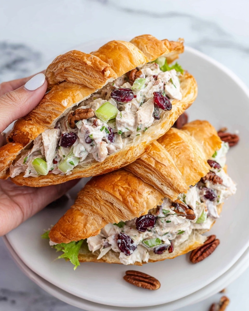 A white plate with a white marbled surface holds two croissant sandwiches. Each croissant is golden brown, flaky, and curved, split open horizontally. Inside, there is a creamy chicken salad filling with visible layers of white chicken chunks coated in a light creamy dressing, mixed with diced green celery pieces, dark red dried cranberries, and small pecan nuts. The salad is garnished with small green herb bits. A woman's hand holds one sandwich near the top against the white marbled background. Photo taken with an iphone --ar 4:5 --v 7