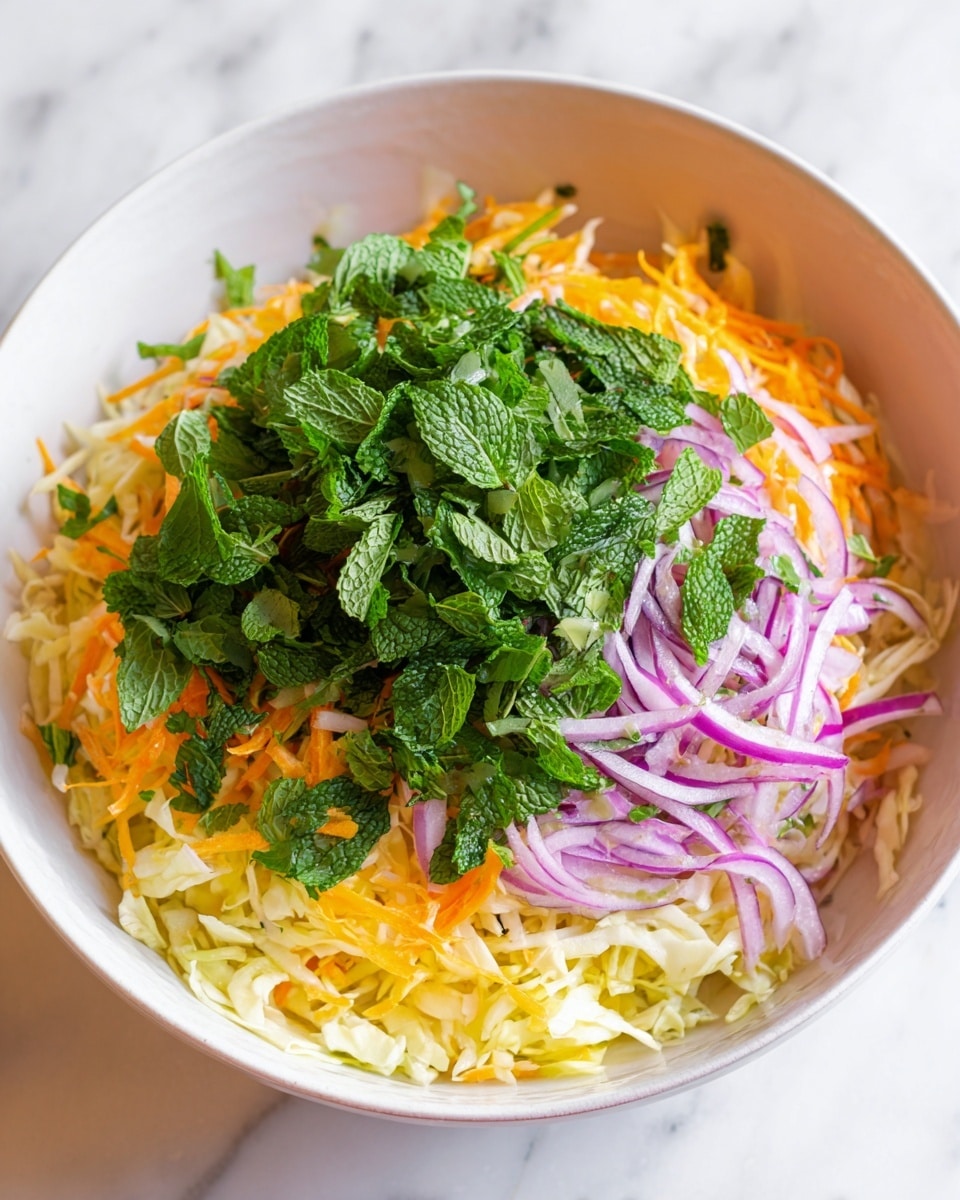 A white bowl holds a fresh salad with three visible layers: at the bottom is light yellow shredded cabbage with soft texture, followed by thin orange carrot strips and pale purple thinly sliced onions layered above. The top layer is a generous pile of chopped bright green mint leaves, giving a fresh and leafy appearance. The bowl is placed on a white marbled surface. photo taken with an iphone --ar 4:5 --v 7