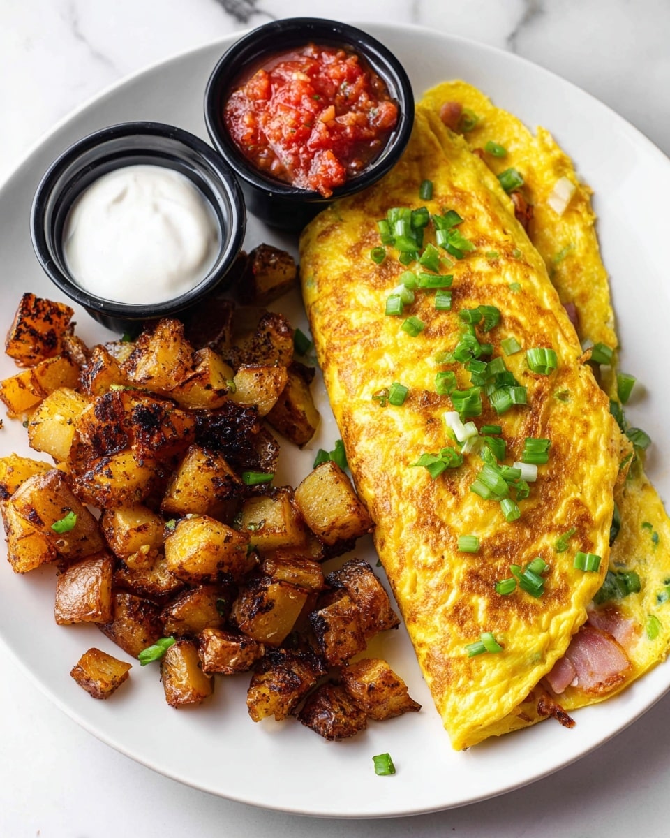 A white plate on a white marbled surface holds a golden-yellow folded omelet with bits of green peppers and ham visible inside, topped with small chopped green onions. Next to the omelet is a pile of browned, diced potatoes with some pieces showing a crispy, dark char. On the upper left side of the plate, two small black bowls hold bright red chunky salsa and smooth white sour cream. The whole dish looks warm and fresh. Photo taken with an iphone --ar 4:5 --v 7