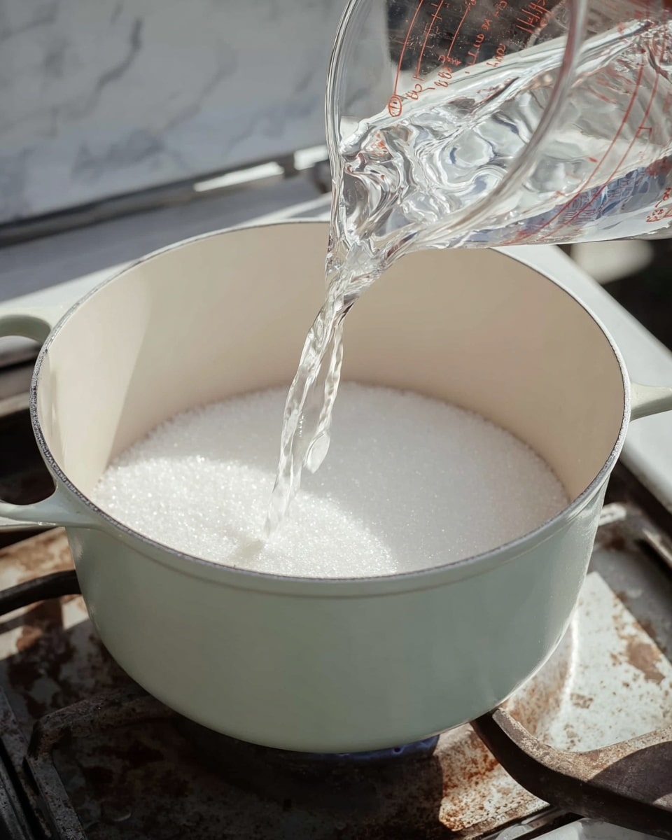 A white cooking pot filled with a white granulated substance, likely sugar, with clear water being poured from a transparent measuring cup above into the pot. The pot sits on a metal stove burner with a rustic look, and the background shows part of a stovetop and a white marbled surface. The water creates bubbles and ripples as it hits the white layer inside the pot. Photo taken with an iphone --ar 4:5 --v 7