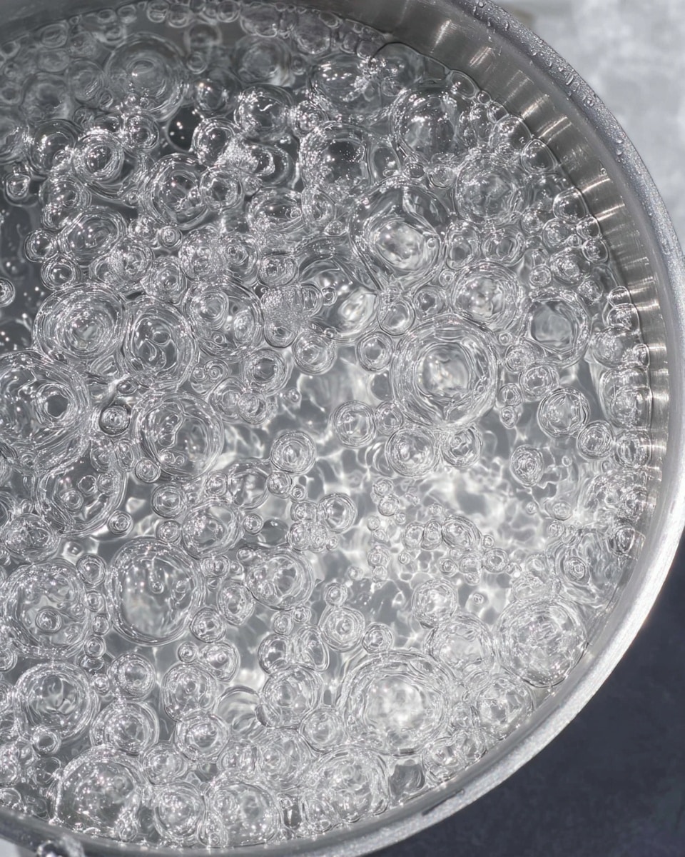 The image shows clear water rapidly boiling in a pot. Many bubbles of different sizes rise and move actively on the surface, creating a shiny, wet texture that reflects light. The pot's inside walls are visible in the corners, with a simple metallic look. The bubbles dominate the whole scene with their transparent and glossy round shapes on top of the clear liquid. The drink or food inside is not visible, just boiling water. The background is a white marbled texture. Photo taken with an iphone --ar 4:5 --v 7