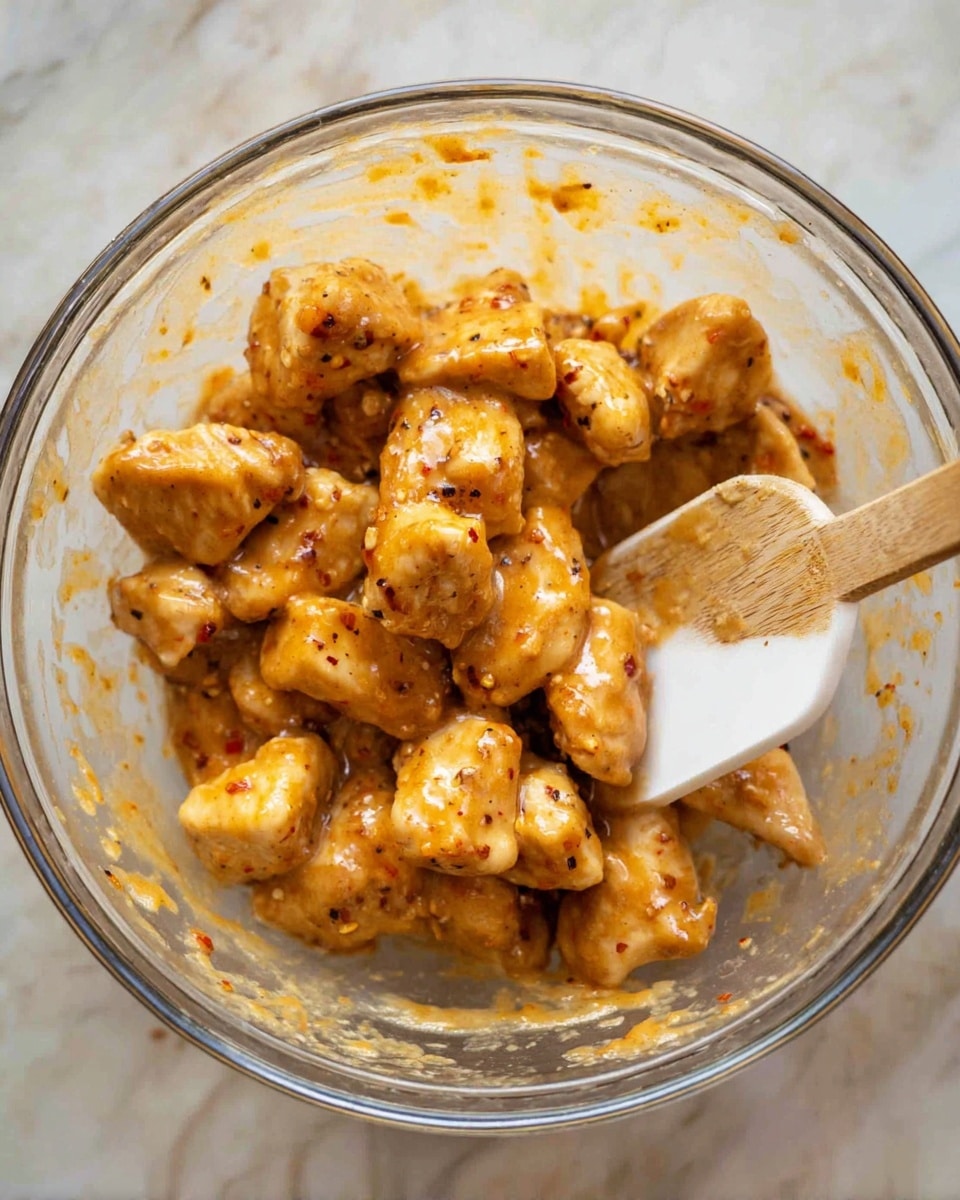 The image shows a clear glass bowl filled with small, uneven pieces of cooked chicken coated in a thick, light brown sauce with visible specks of black pepper and spices. The bowl’s inside is splattered with sauce, and a white spoon with a wooden handle is scooping some chicken pieces from the bowl. The chicken pieces have a slightly crispy, golden-brown texture in some areas, with softer, lighter creamy parts. The background surface is a white marbled texture. photo taken with an iphone --ar 4:5 --v 7