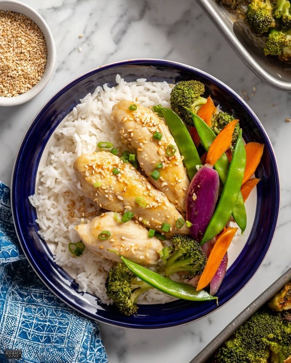 A white plate with a dark blue rim holds a colorful meal arranged in three main layers. The bottom layer is fluffy white rice spread evenly across the plate. On top of the rice, there is a mix of bright green broccoli florets, lighter green sugar snap peas, vibrant orange carrot slices, and pieces of purple onion, bringing a fresh and textured look. The top layer consists of three light golden-yellow chicken pieces placed parallel to each other, sprinkled with light brown sesame seeds and small green slices of scallion, creating a shiny and appetizing finish. The setting includes a white marbled surface beneath the plate, with a bowl filled with sesame seeds near the top left and roasted broccoli in a metal tray on the top right. A blue patterned cloth is partly visible at the bottom left. Photo taken with an iphone --ar 4:5 --v 7