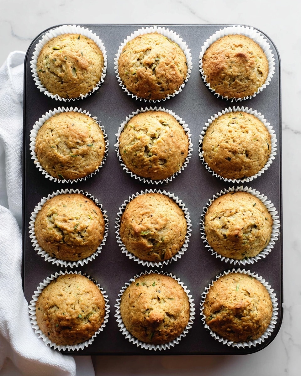Twelve golden brown muffins sit neatly in white paper liners inside a dark baking tray. Each muffin has a slightly cracked, textured top showing bits of green, likely from ingredients like zucchini or herbs mixed into the batter. The muffins appear soft and moist with an even rise, and they fill all sections of the tray. The tray rests on a white marbled surface with a soft white cloth partially visible on the side. The overall look is warm and inviting, showing fresh homemade muffins ready to eat photo taken with an iphone --ar 4:5 --v 7