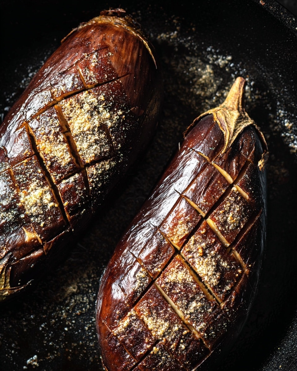 This image shows two whole eggplants with dark brown, shiny skin inside a black pan. Each eggplant's surface is scored with a grid of shallow cuts, creating square sections that reveal creamy pale flesh underneath. The eggplants are sprinkled with a coarse, light-colored seasoning that contrasts with the smooth, glossy texture of the skin. The pan has a well-used, slightly oily look, and light shines on the eggplants, highlighting the texture and the seasoning on top. The eggplants are placed side by side on a black surface inside the pan. photo taken with an iphone --ar 4:5 --v 7