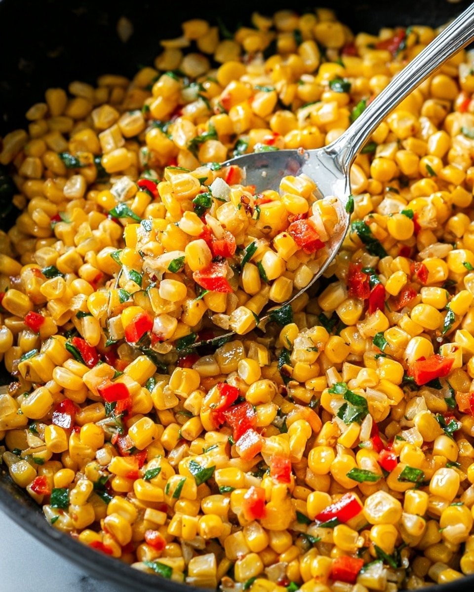 A detailed close-up shows a large spoon with a shiny silver handle filled with a mix of bright yellow corn kernels, small pieces of red bell pepper, and bright green chopped herbs, all mixed together. The background is a black pan holding a larger amount of the same colorful mix, with soft lighting highlighting the texture of the corn and vegetables. The surface beneath the pan is a white marbled texture. photo taken with an iphone --ar 4:5 --v 7
