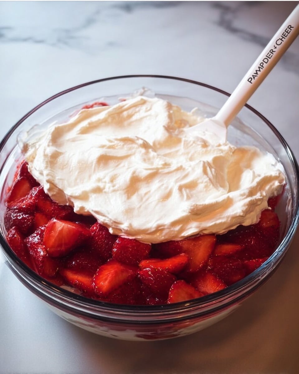 The image shows a clear glass bowl filled with many pieces of sliced strawberries in bright red liquid. The sliced strawberries are spread evenly and their juicy red texture is visible through the clear liquid surrounding them. The bowl rests on a white marbled surface, creating a clean and fresh look. The colors are vibrant with shiny red shades from both the fruit and liquid. photo taken with an iphone --ar 4:5 --v 7