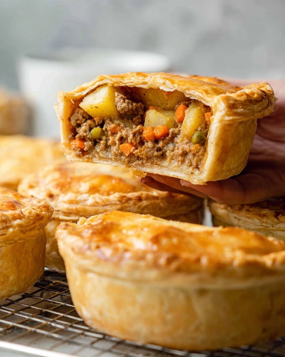 The image shows eight small round pies arranged on a metal cooling rack over a striped cloth on a white marbled surface. Each pie has a golden-brown crust with a slightly crispy texture, and the edges of the crust are raised, some with uneven folded layers. In the background, some green leafy vegetables and a small round pie on a white plate are slightly out of focus. The pies have a shiny baked finish, with the tops puffed up and smooth, showing a uniform baked golden color. Photo taken with an iphone --ar 4:5 --v 7