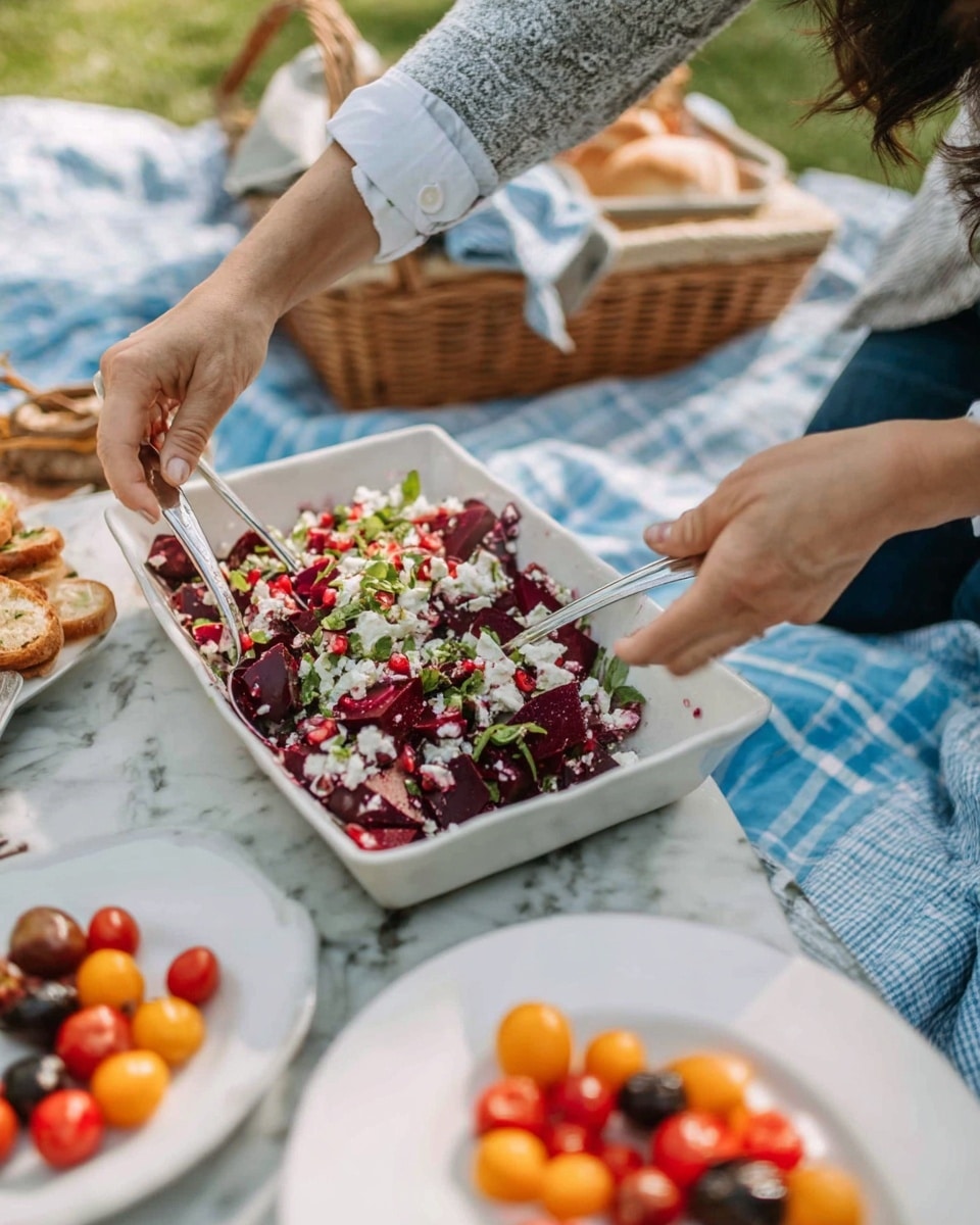 A woman’s hand is holding silver serving spoons over a large white rectangular dish filled with a colorful salad. The salad has visible layers of deep red beets, crumbled white cheese, green herbs, and scattered dark red pomegranate seeds. The dish is set on a white marbled surface with two white plates nearby, each with small servings of bright orange cherry tomatoes, some dark berries, and golden brown toasted bread slices. In the background, there is a picnic basket and a soft blue and white plaid blanket. photo taken with an iphone --ar 4:5 --v 7