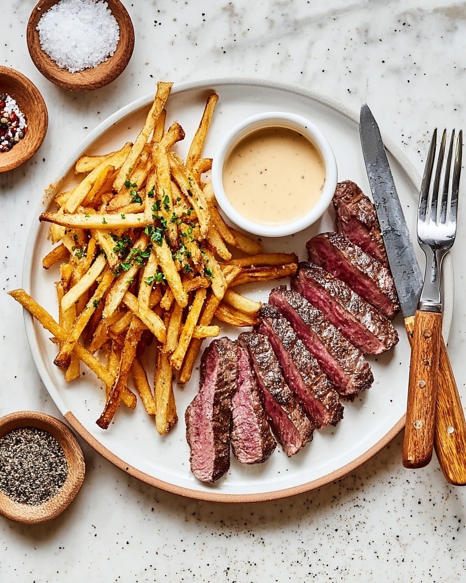 A white plate sits on a white marbled surface, holding a meal with three main parts: a row of sliced steak on the right showing pink, tender inside with a brown crust; golden, crispy French fries to the left, sprinkled with green herbs; and a small white bowl of creamy, light tan sauce placed between the steak and fries. A fork and steak knife with wooden handles rest on the right side of the plate. Nearby are two small bowls, one with coarse salt and the other with black pepper. photo taken with an iphone --ar 4:5 --v 7