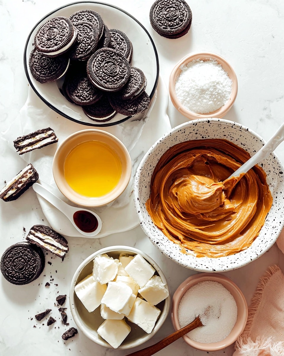 A flat lay on a white marbled surface shows a white bowl filled with many dark brown and white sandwich cookies, some whole and some broken, to the left. Near the center, there is a white plate with black edges holding a small beige bowl filled with shiny yellow liquid, and a white spoon with a small amount of dark brown liquid on it. To the right, there is a larger white bowl with black speckles, filled with smooth, thick, caramel brown spread with swirl marks on the surface. Near the bottom, there is another small white bowl with black speckles containing white cubes of soft cream cheese. A white bowl with a wooden spoon is filled with white powder next to the cream cheese. A small pale pink bowl with white powder sits near the top. The photo has soft, natural lighting and is taken with an iphone --ar 4:5 --v 7