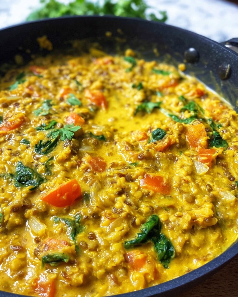 A close-up view of a black pan filled with a thick, creamy yellow lentil curry mixed with soft chunks of orange tomatoes and light yellow onions, with bits of green spinach leaves scattered throughout, all sitting on a white marbled surface with some fresh green herbs blurred in the background, photo taken with an iphone --ar 4:5 --v 7
