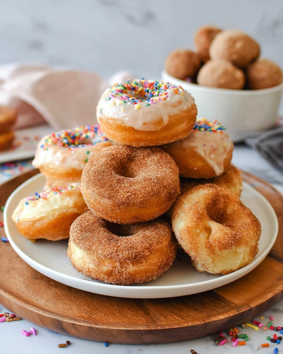 A white plate stacked with nine donuts arranged in two layers sits on a wooden board over a white marbled surface. The bottom layer has six donuts coated with cinnamon sugar, showing a rough brown texture and light golden dough peeking through. The top layer has three donuts, two lightly glazed with a shiny, smooth surface and colorful round sprinkles on top, and one plain cinnamon sugar donut. In the background, there's a white bowl filled with small round donuts or donut holes, slightly blurred. Some colorful sprinkles are scattered on the wooden board and nearby. The photo taken with an iphone --ar 4:5 --v 7