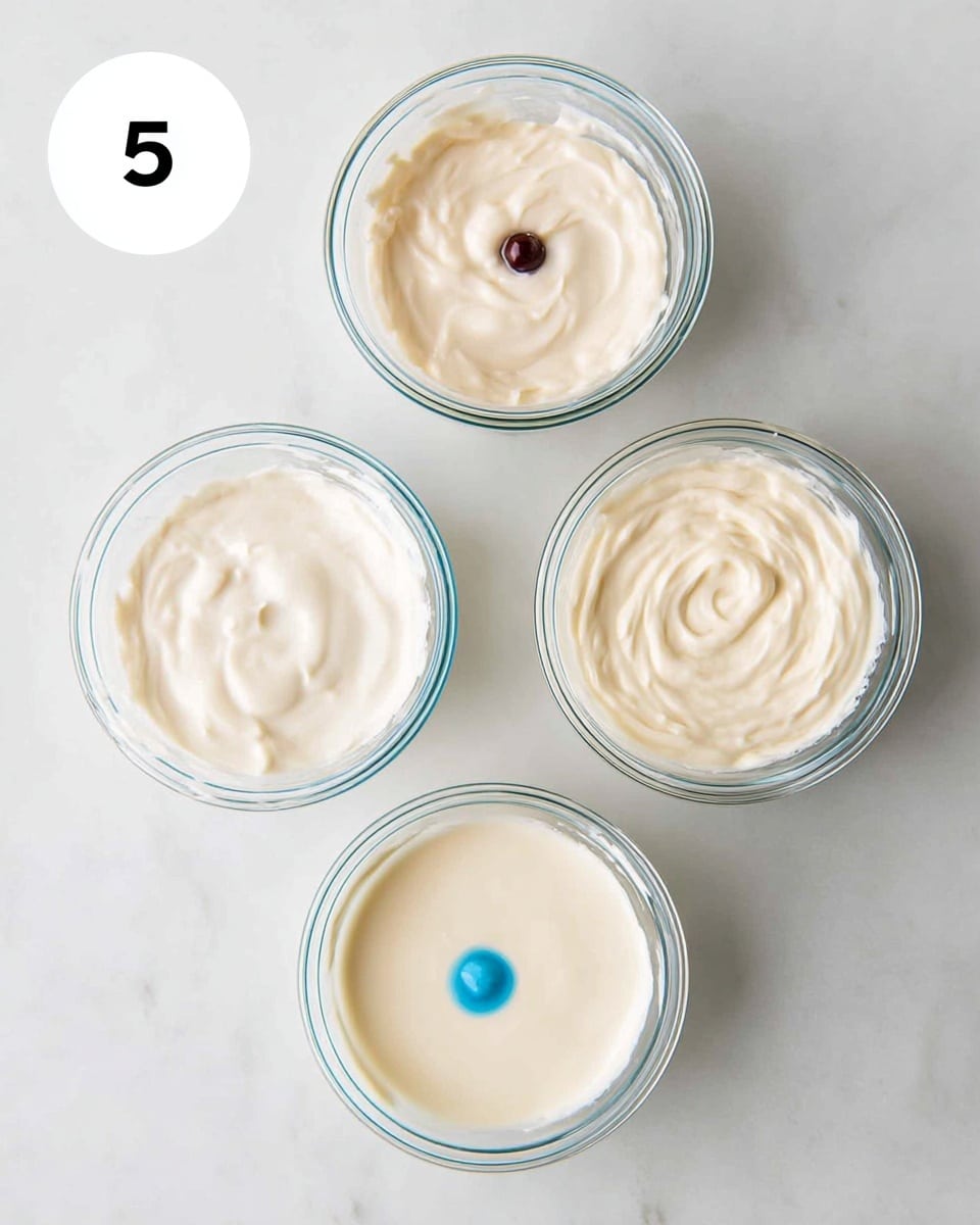 Three clear glass bowls are filled with a thick, creamy white mixture, each bowl placed on a white marbled surface. The bowls are arranged in a loose triangular shape, with one at the top center showing a small dark brown dot in the middle, the bottom left bowl featuring a small bright blue dot in the center, and the right bowl without any dots, just the smooth creamy texture visible. There is a large white circle with the number