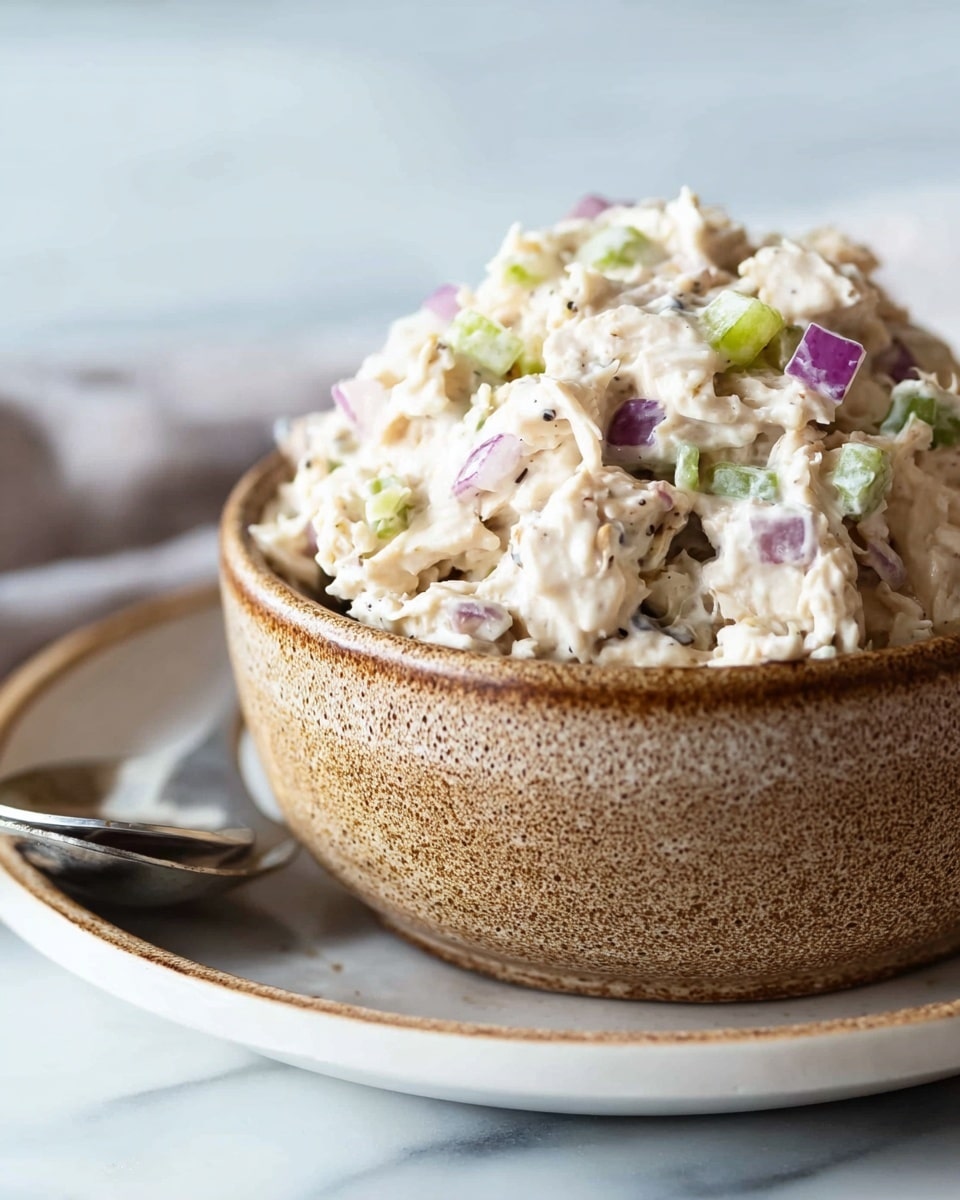 A close-up image of a creamy chicken salad served in a rustic round bowl with a rough brown textured outside and smoother beige inside. The chicken salad is piled high, creamy with small chunks of white chicken, bits of purple onion, and green celery mixed throughout. The bowl sits on a white plate on a white marbled surface, with a silver spoon placed behind the bowl. The light is soft and natural, highlighting the textures in the salad and bowl. photo taken with an iphone --ar 4:5 --v 7