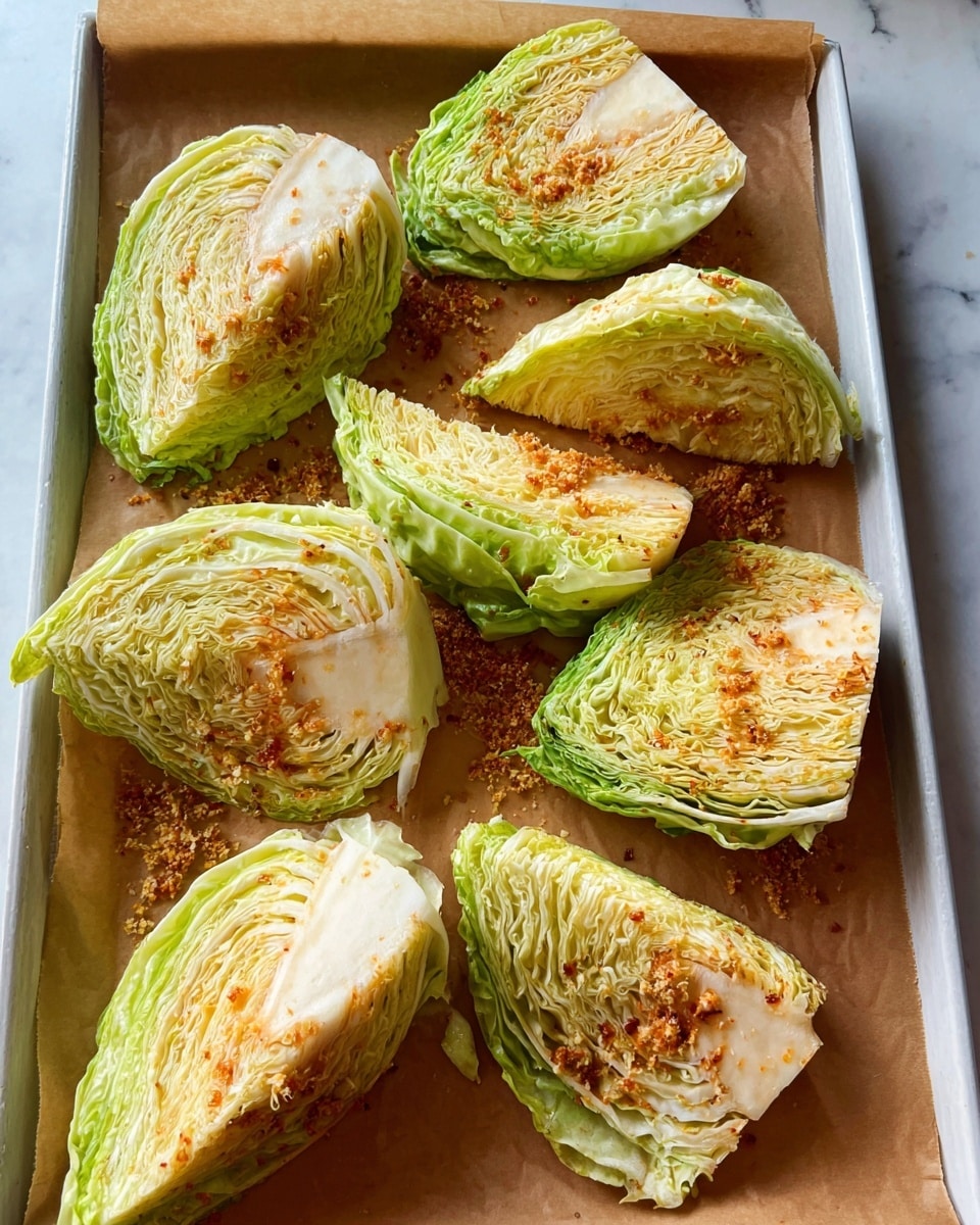 Eight wedges of light green cabbage with textured, pale yellow and white core layers are arranged on brown parchment paper on a white tray. The cabbage pieces have a rough sprinkle of orange-brown seasoning with some small granules scattered around them. The cabbage's outer leaves show a fresh light green color, while the inner leaves are tightly packed, lighter, and almost white. The tray sits on a white marbled surface. photo taken with an iphone --ar 4:5 --v 7