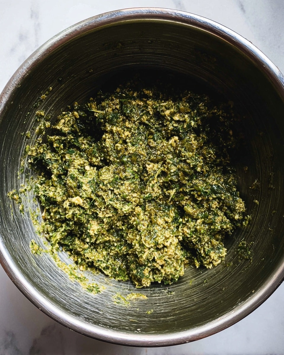 A close-up view of a shiny metal bowl filled with a thick, coarse green mixture that has visible small pieces of herbs and finely chopped ingredients throughout. The mixture has a textured, slightly chunky look with varying shades of green and some lighter bits mixed in. The bowl is on a white marbled surface, and the inside of the bowl shows traces of the mixture spread unevenly around. Photo taken with an iphone --ar 4:5 --v 7