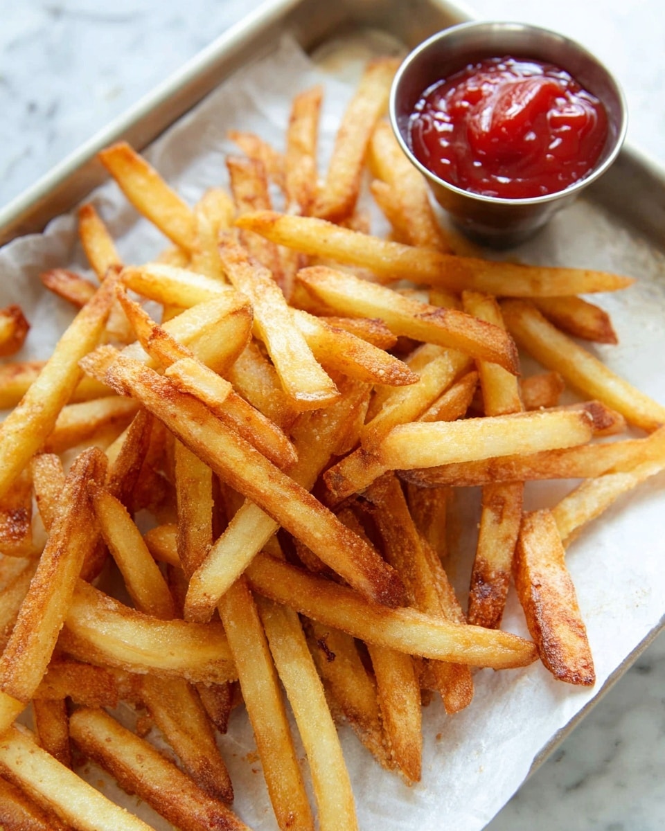 A pile of golden brown French fries with some pieces showing a light crisp edge, resting on white parchment paper over a tray. To the top right, there is a small silver cup filled with thick red ketchup, slightly glossy and swirled at the top. The background is a white marbled surface. photo taken with an iphone --ar 4:5 --v 7