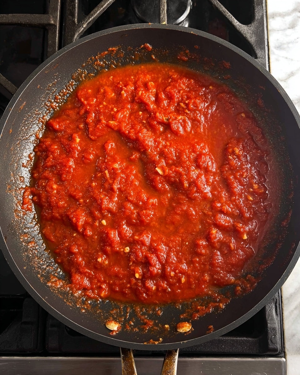 A black frying pan is filled with thick, bright red tomato sauce that has a chunky texture with visible pieces of tomato and small bits of garlic. The sauce covers the pan evenly, sitting atop a dark stovetop with metal grates. The pan shows signs of the sauce cooking with some sauce residue around the edges. The background is a white marbled texture. photo taken with an iphone --ar 4:5 --v 7