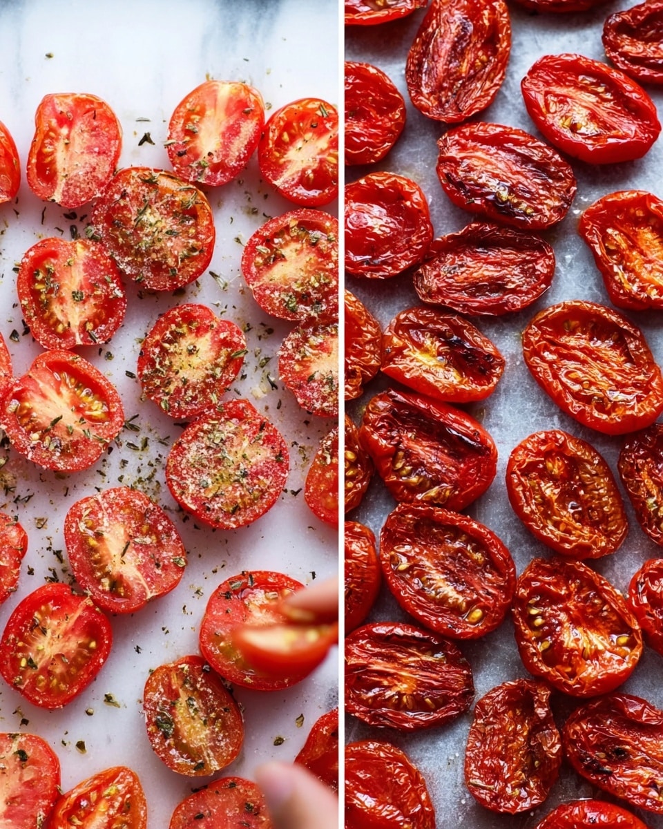 The image shows two close-up sections side by side on a white marbled surface. On the left, bright red halved tomatoes are spread out, each topped with a sprinkle of dark dried herbs and a woman's hand gently adding more seasoning. The tomato halves have a fresh, juicy texture with visible seeds and shiny skin. On the right side, the halved tomatoes are roasted, appearing deeper red with wrinkled skins and slightly charred black spots. They are evenly arranged, showing a dry and tender texture from roasting. photo taken with an iphone --ar 4:5 --v 7