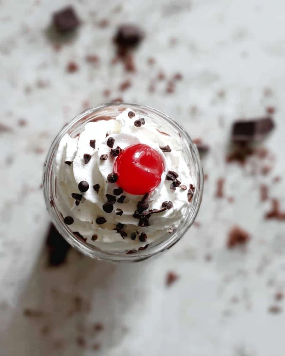 A small glass cup filled with layers of whipped cream topped with a bright red cherry in the center and sprinkled with small dark chocolate bits. The cup sits on a white marbled surface with scattered chocolate pieces around it. The photo is taken from above, focusing closely on the cup. photo taken with an iphone --ar 4:5 --v 7