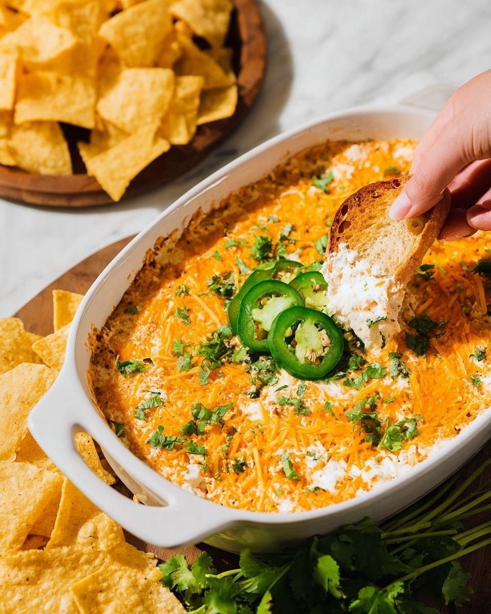 A white baking dish filled with a creamy layered dip that has a top layer of orange shredded cheese and chopped green herbs, topped with fresh green slices of jalapeño and cilantro leaves at the center. A toasted, golden-brown piece of bread is held by a woman's hand, scooping a mix of creamy white cheese and the orange cheesy dip. Around the baking dish, there are triangular yellow tortilla chips on a round wooden board and some bright green cilantro for garnish, all placed on a white marbled surface. Photo taken with an iphone --ar 4:5 --v 7