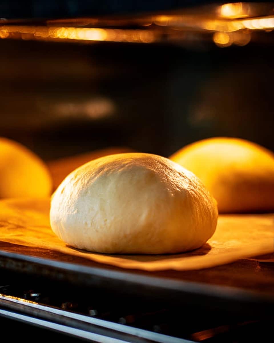 The image shows a single round dough ball, light golden in color with a smooth shiny surface, sitting on a piece of brown parchment paper. The dough is rising and baking inside a metal oven rack, with warm yellow light shining from the top heating element. In the background, another similar dough ball is slightly blurred. The dough appears soft and puffy, positioned in the center of the oven rack, with the focus on the front dough ball. photo taken with an iphone --ar 4:5 --v 7