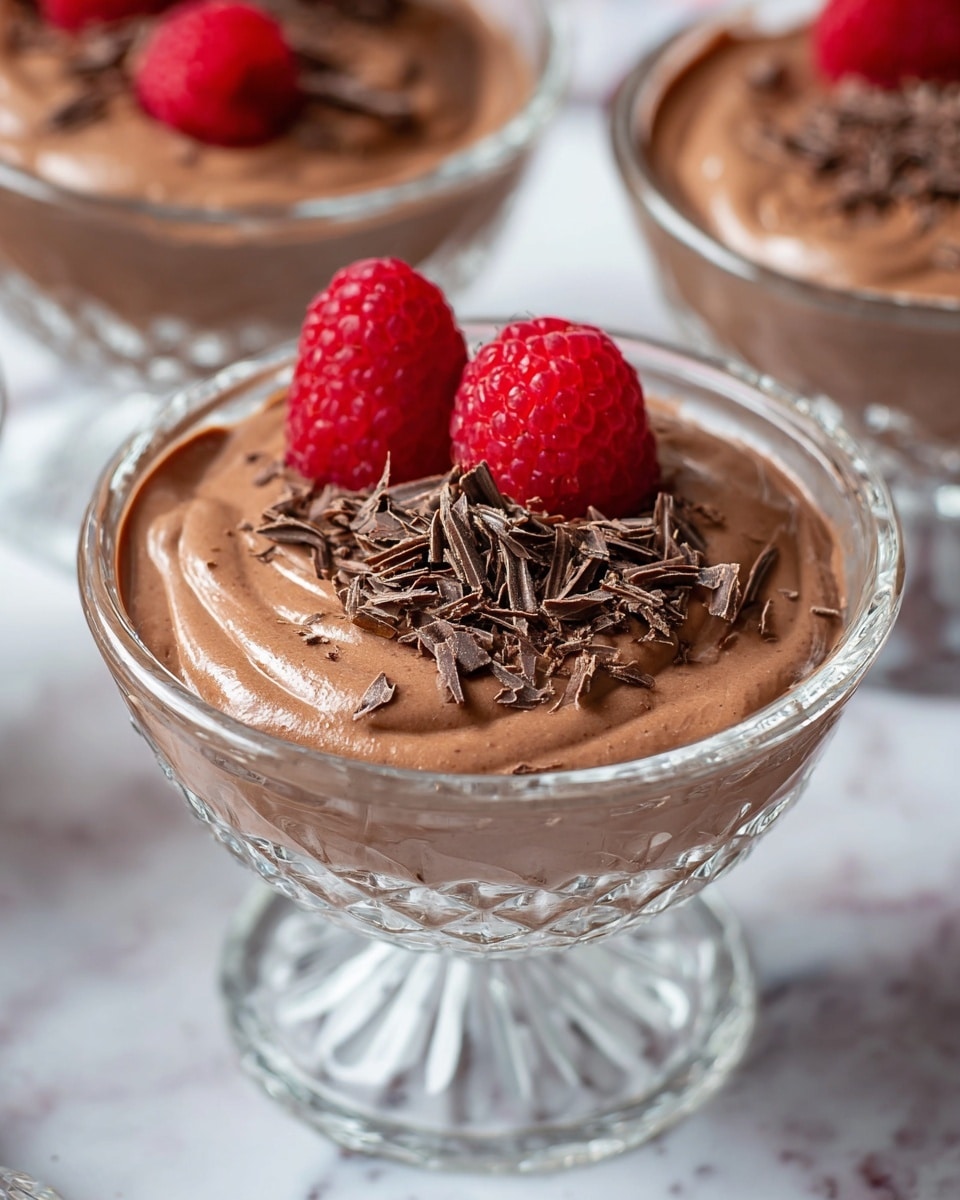 The image shows a glass dish with one layer of smooth, creamy chocolate mousse topped with two bright red raspberries on the left and a small pile of thin dark chocolate shavings on the right. The glass dish is clear and faceted, sitting on a white marbled surface. In the background, there are more similar mousse dishes with the same chocolate mousse and toppings but slightly blurred. The mousse surface is glossy and soft with some swirled texture visible near the edges. Photo taken with an iphone --ar 4:5 --v 7