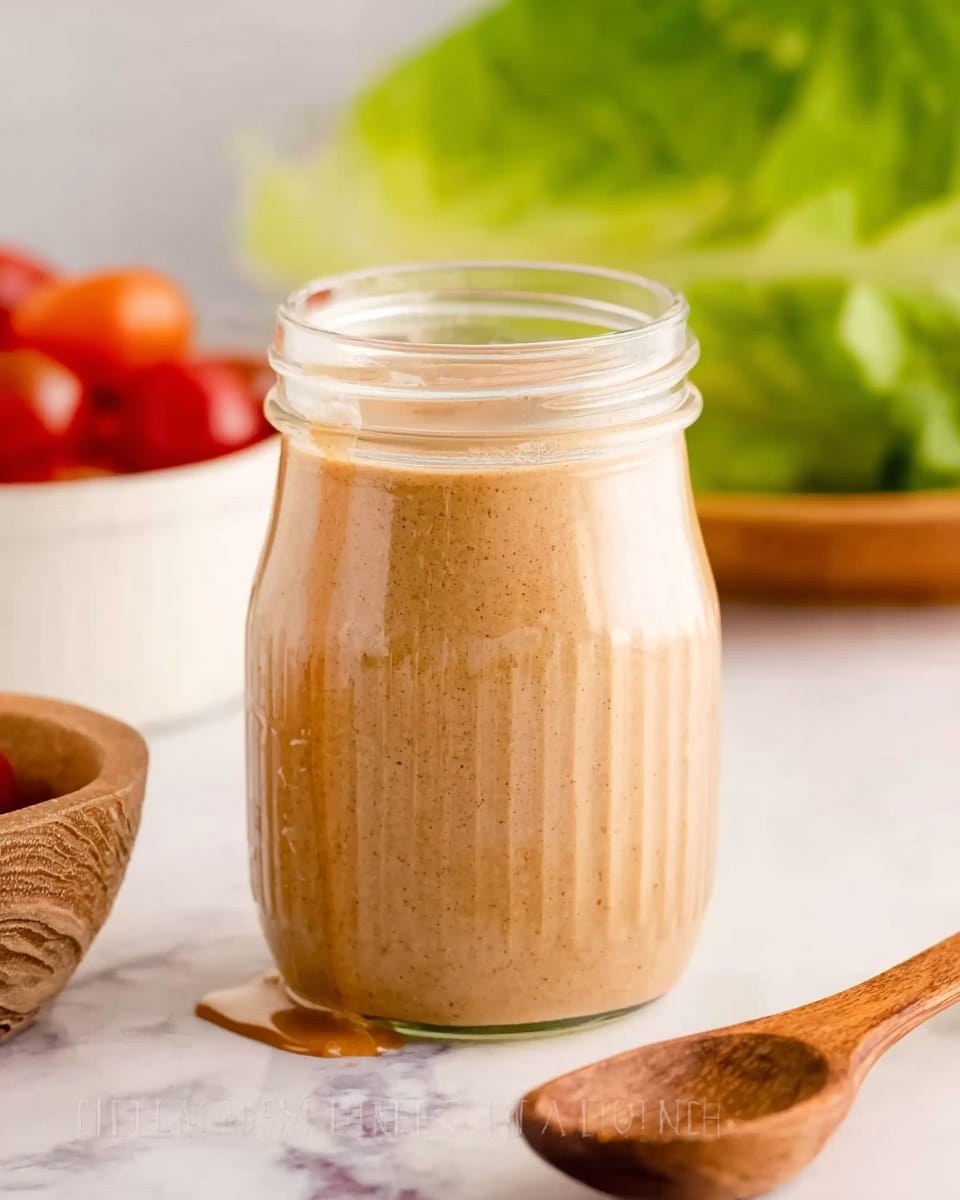 A small clear glass jar filled to the top with a smooth light brown sauce that has tiny darker specks throughout. There is a small drip of sauce running down the side of the jar. The jar sits on a white marbled surface, next to a wooden spoon and a wooden scoop in the front right of the image. In the background, there is a blurry green leafy vegetable and part of a white bowl filled with red cherry tomatoes on the left side. The scene is bright and softly lit, showing a clean and fresh kitchen setting. photo taken with an iphone --ar 4:5 --v 7