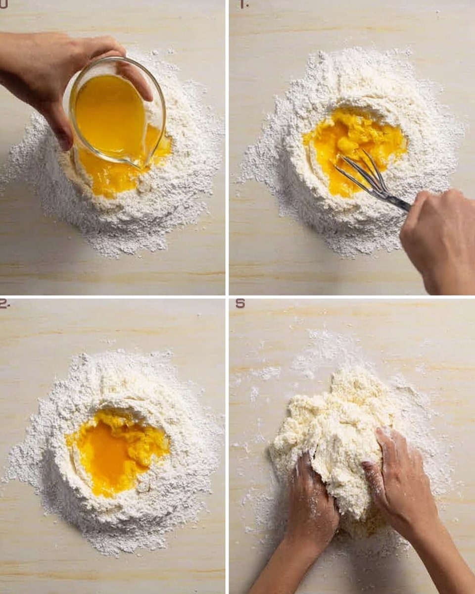The image shows three steps of mixing dough on a white marbled surface. In the first step, a woman's hand is pouring a small glass bowl with a yellow beaten egg into the middle of a mound of white flour shaped like a bowl. In the second step, a woman's hand is using a fork to mix the yellow egg with the white flour in the center. In the third step, two woman's hands are combining and kneading the flour and egg mixture into a sticky dough. photo taken with an iphone --ar 4:5 --v 7