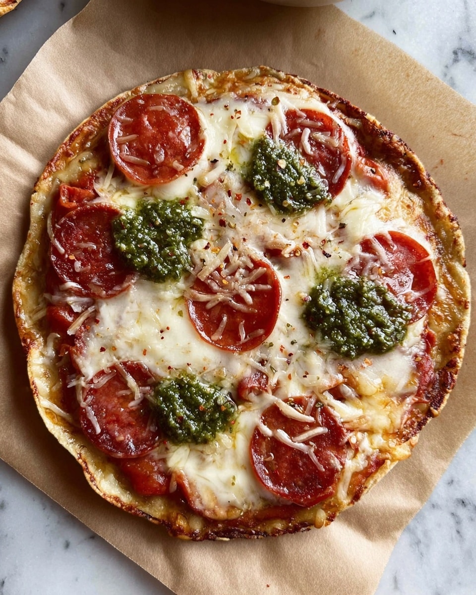 A round pizza with a thin golden crust sits on a sheet of brown paper over a white marbled surface. The pizza is topped with a layer of melted white cheese that covers the surface almost fully, with red pepperoni slices scattered evenly around. There are two blobs of dark green pesto sauce placed opposite each other near the center. Light brown bits of shredded cheese are sprinkled over the pepperoni, and there are some small red chili flakes scattered over the cheese. The edges of the crust are slightly darker and crispy. photo taken with an iphone --ar 4:5 --v 7