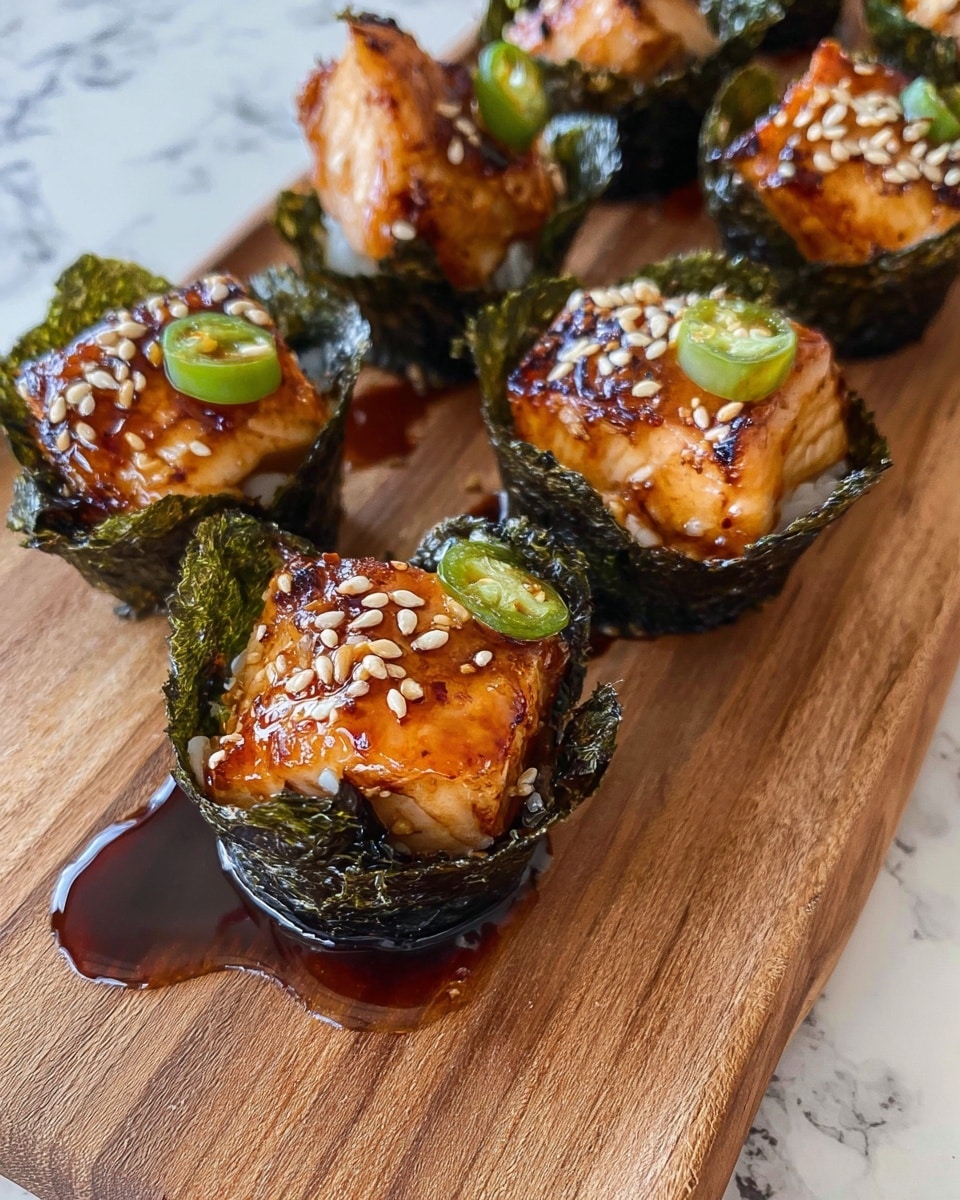 The image shows small bite-sized sushi cups arranged on a wooden board. Each sushi cup has a crispy dark green seaweed shell shaped like a cup, holding three golden-brown glazed chunks of fish with a shiny, slightly caramelized texture. The fish pieces are topped with white sesame seeds and small green pepper slices. A glossy dark sauce with sesame seeds pools lightly around the base of some cups, adding a rich contrast to the light colors of the fish and the seaweed. The background is a white marbled surface. photo taken with an iphone --ar 4:5 --v 7