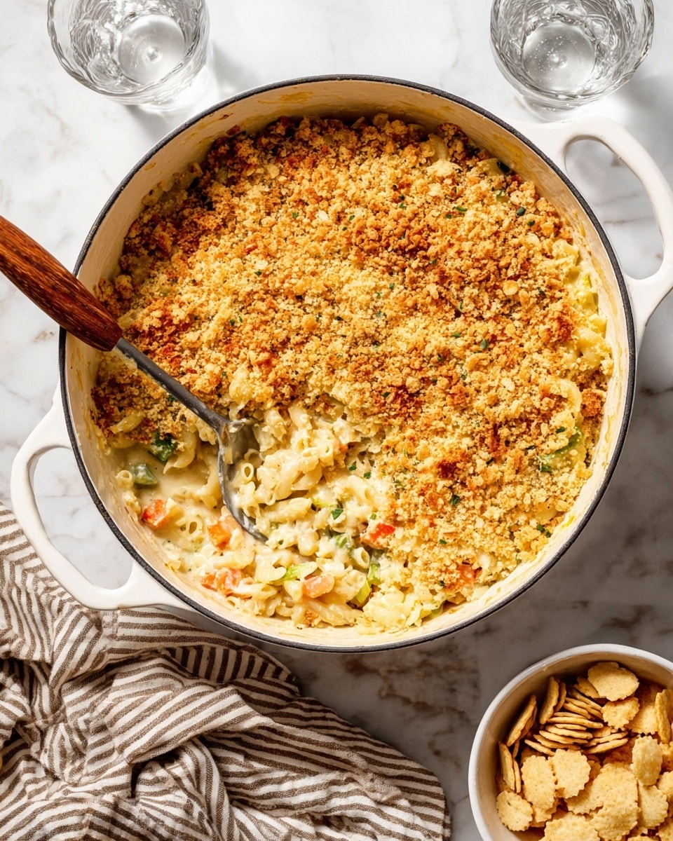 A large white pot filled with a creamy macaroni casserole topped with a thick, golden brown crunchy layer that covers the whole surface. Inside the pot, the casserole shows three layers: a bottom bed of small elbow pasta mixed with pieces of orange and green vegetables in a very creamy pale sauce, a middle layer of more creamy sauce visible near the edges, and the top thick crunchy topping that looks like golden crumbs. A large silver spoon with a wooden handle scoops out some of the casserole, showing the mix inside. Nearby on a white marbled surface are a glass of water and a small white bowl filled with crushed crackers. A striped cloth napkin in beige and dark stripes lies next to the pot. Photo taken with an iphone --ar 4:5 --v 7