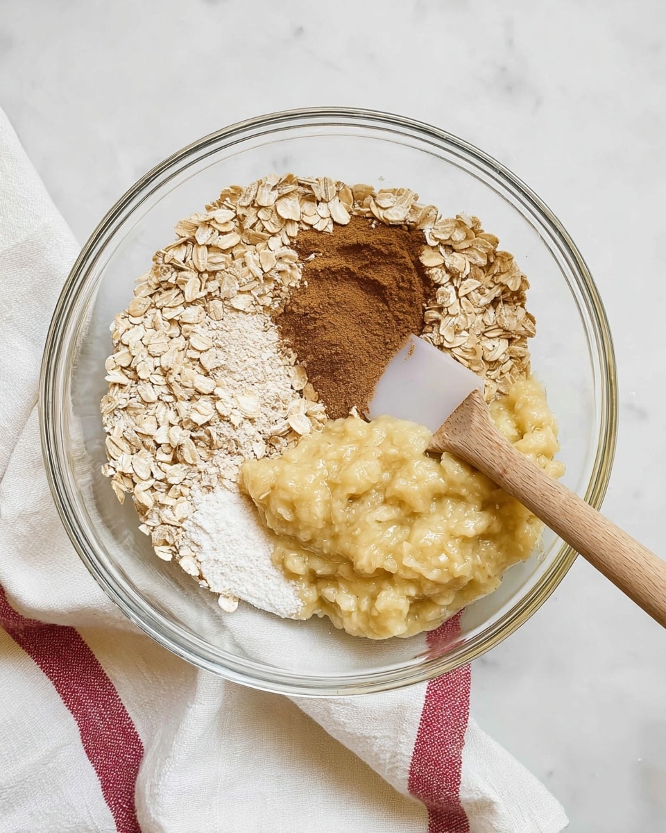 A clear glass bowl contains four separate layers of ingredients placed side by side: light tan rolled oats covering almost half the bowl on the top left, a small pile of darker brown cinnamon powder just below the oats, a small pile of off-white flour next to the cinnamon, and a large portion of mashed yellow bananas taking up the right half of the bowl. A spatula with a wooden handle and a translucent white silicone head rests inside the bowl, partially touching the mashed bananas. The bowl sits on a white marbled surface with a white cloth featuring a single thick red stripe along the edge draped around it. Photo taken with an iphone --ar 4:5 --v 7