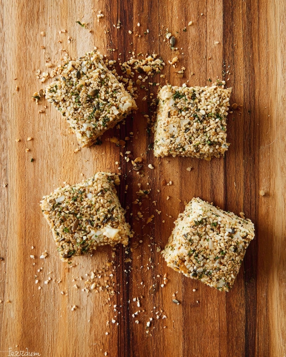 Four small square pieces of food with a crumbly texture are placed on a wooden cutting board. Each piece is covered with a mix of small seeds and herbs, showing colors like light beige, green, and white. Bits of seeds and crumbs are scattered around the pieces on the board. The surface has visible wood grains and lines seen from above with even light. photo taken with an iphone --ar 4:5 --v 7