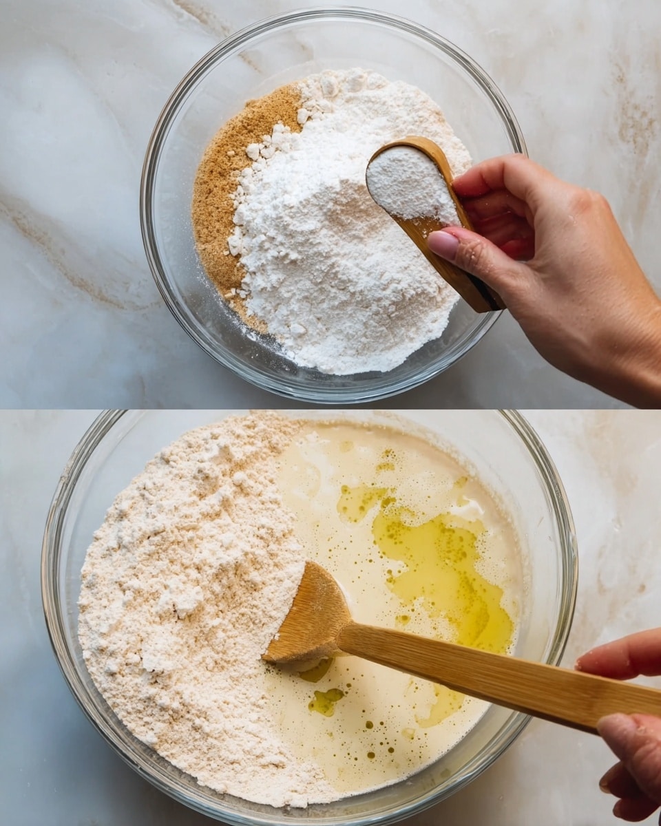 The first image shows a close-up of a woman's hand holding a wooden-handled measuring spoon filled with white powder, about to add it to a clear bowl filled with a pile of white flour, brown sugar, and light tan yeast. The second image shows a clear bowl with dry and wet ingredients; the white flour covers half the bowl, and the other half has frothy light beige liquid with some yellow oil on top, while a woman's hand stirs the mixture with a wooden spatula. Both bowls are placed on a white marbled surface. photo taken with an iphone --ar 4:5 --v 7