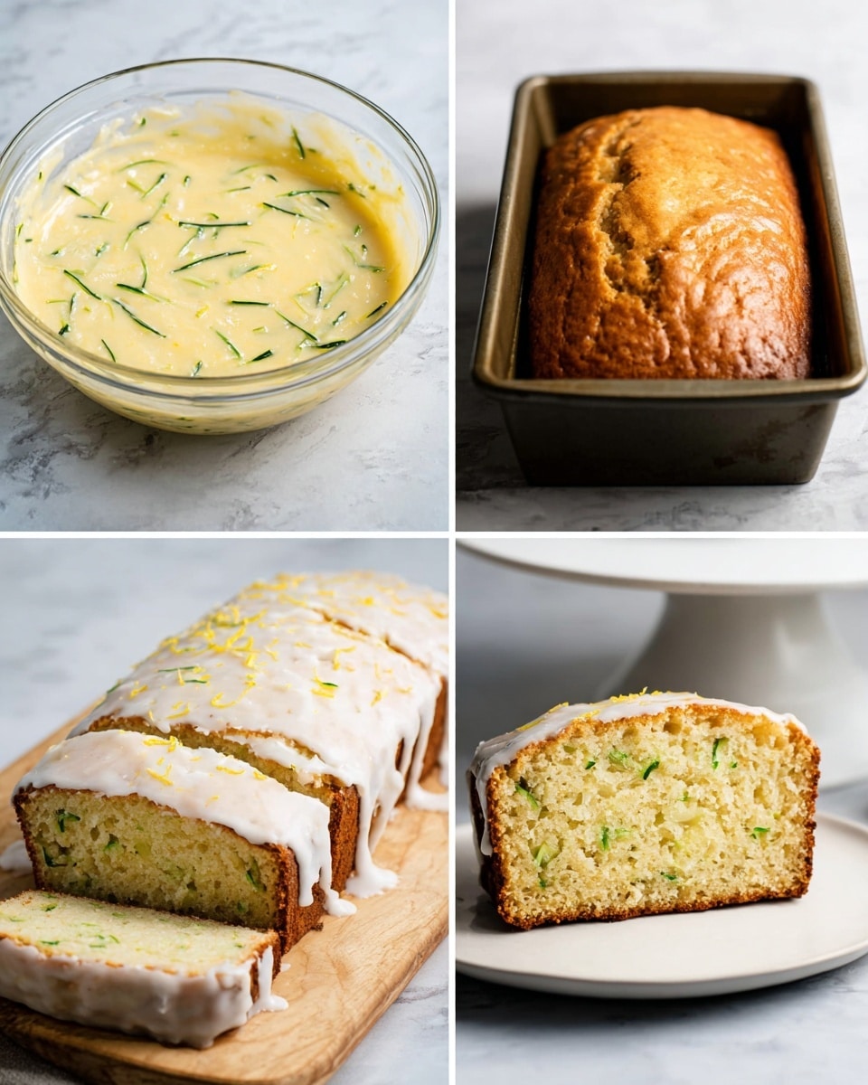 The image shows four steps of making a lemon zucchini loaf. The first step displays a clear glass bowl with light yellow batter mixed with thin green zucchini strips. The second step shows a brown baked loaf in a dark metal loaf pan on a white marbled surface. The third step features the fully baked loaf on a white stand, covered with white glaze dripping down the sides and sprinkled with lemon zest. The last step is a close-up of a slice of the loaf on a white plate, revealing a light yellow inside with green specks and a thick white glaze on the side. photo taken with an iphone --ar 4:5 --v 7