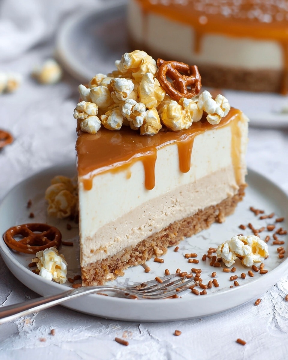 A slice of three-layered cake on a white plate with scattered brown sprinkles, placed on a white marbled texture. The bottom layer is a crumbly light brown crust. The middle layer is thick, smooth, and creamy beige. The top layer is a thin, glossy caramel glaze with caramel dripping slightly down the sides. On top sits a small pile of light yellow popcorn and brown pretzels, adding texture and color contrast with their rough and curved shapes. Loose popcorn and pretzels are scattered around the plate. A silver fork rests in front of the slice. Photo taken with an iphone --ar 4:5 --v 7