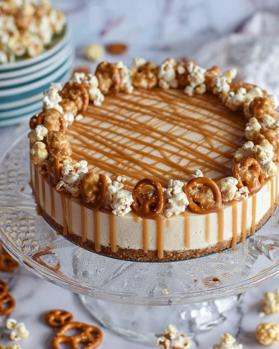 The image shows a round, thick layered cake placed on a clear glass cake stand with intricate designs. The bottom layer is a light brown crust, topped by a thick creamy off-white middle layer. The top is covered with a smooth layer of pale caramel sauce, drizzled in a crisscross pattern. Around the edge, there is a ring of caramel-coated popcorn and small pretzel twists, some overlapping on top of the popcorn. A few stray pretzels and popcorn pieces are scattered around the cake stand on a white marbled surface. In the background, a stack of white plates with brown specks and popcorn pieces is visible. Photo taken with an iphone --ar 4:5 --v 7