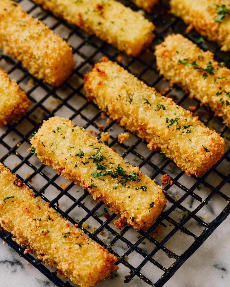 Several golden-yellow breaded sticks with a crispy, crumbly texture are laid out evenly on a black wire rack. Each stick is topped with small green herb flakes, adding a touch of color. The wire rack sits on a white marbled surface, visible through the gaps in the rack. The breadcrumbs appear crunchy and slightly browned in some areas, enhancing the visual appeal of the fried sticks. photo taken with an iphone --ar 4:5 --v 7