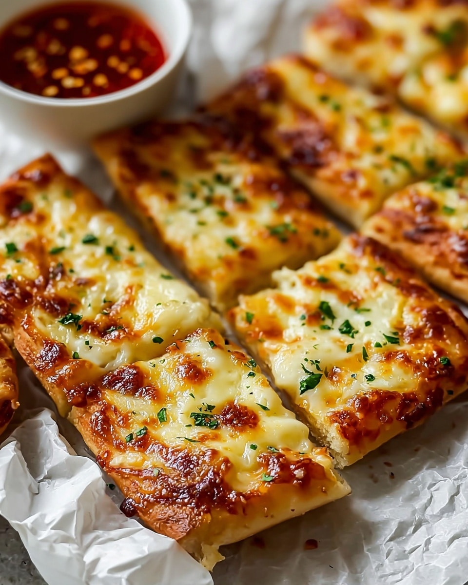 The image shows rectangular cheesy garlic breadsticks arranged on white parchment paper on a white marbled surface. Each breadstick has a golden-brown crust base, topped with a thick, bubbly layer of melted white and light golden cheese, sprinkled evenly with small green herbs. In the blurred background, a small white bowl is filled with red marinara sauce, and a woman's hand is reaching towards the breadsticks. The whole scene is bright and inviting, focusing on the warm, melted cheese and fresh herbs. Photo taken with an iphone --ar 4:5 --v 7