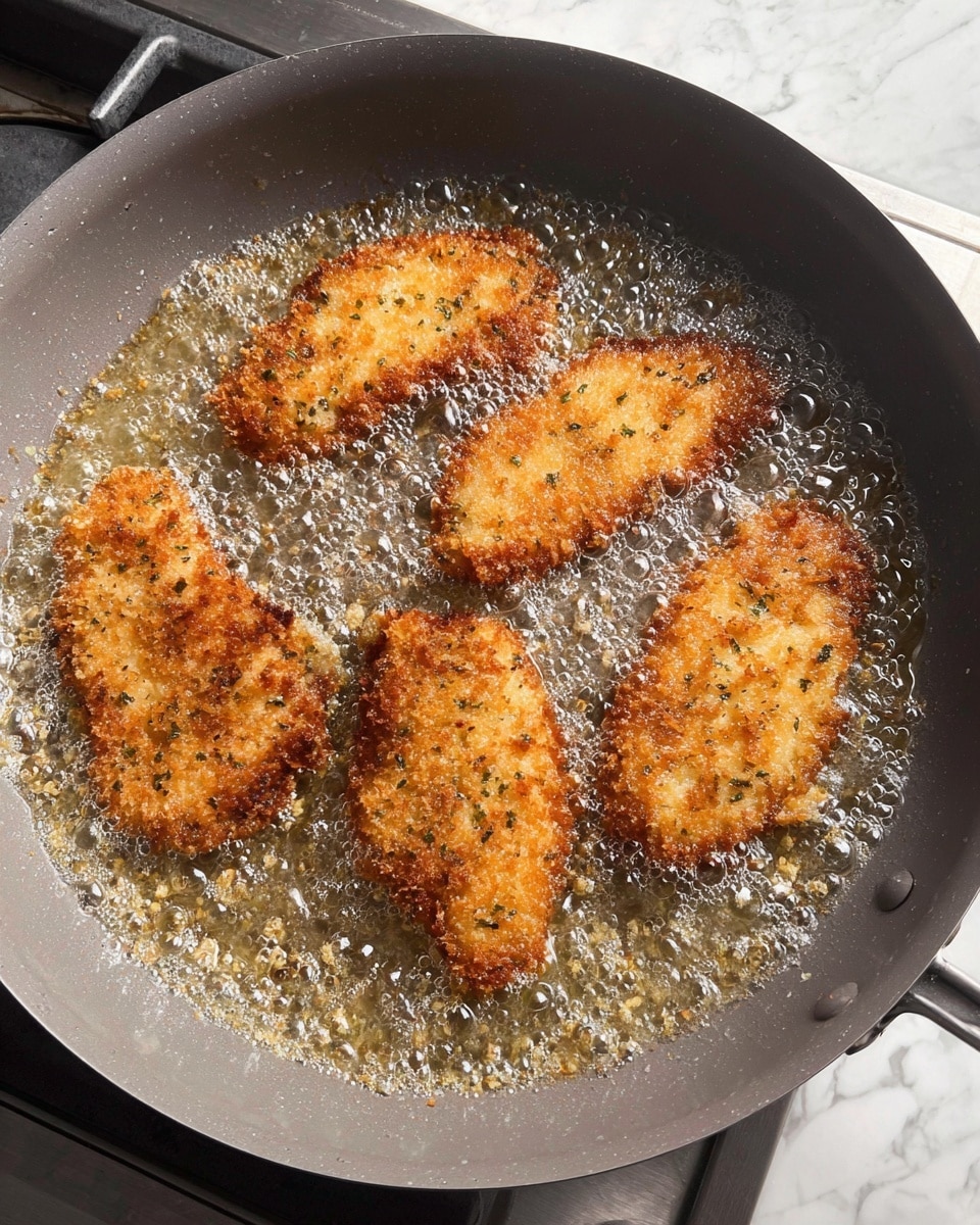 In the image, four pieces of breaded food are frying in hot oil inside a round, gray pan. Each piece has a crispy, golden-brown color with a textured crust that shows small flecks of herbs or spices. The bubbling oil surrounds the pieces, creating foam and bubbles that rise to the surface, giving a sense of active frying. The gray pan sits on a metal stovetop, and the background shows a white marbled texture. photo taken with an iphone --ar 4:5 --v 7