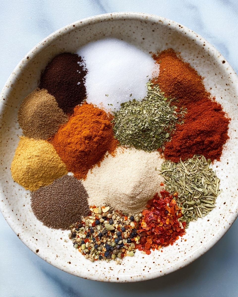 A white speckled bowl sits on a white marbled surface, filled with twelve neat piles of different spices arranged close together. From the top, starting clockwise, there is a dark brown powder, a warm orange-brown powder, a mound of white salt crystals, a pile of green dried herbs, a small heap of reddish-brown powder, a deeper dark brown powder, a beige powder, dried green and yellow herb mix, a pile of mixed black and white pepper, bright orange powder, vibrant red powder, and a cluster of red chili flakes. Each spice's texture is visible, from fine powders to coarse flakes, creating a colorful and textured spice collection. Photo taken with an iphone --ar 4:5 --v 7
