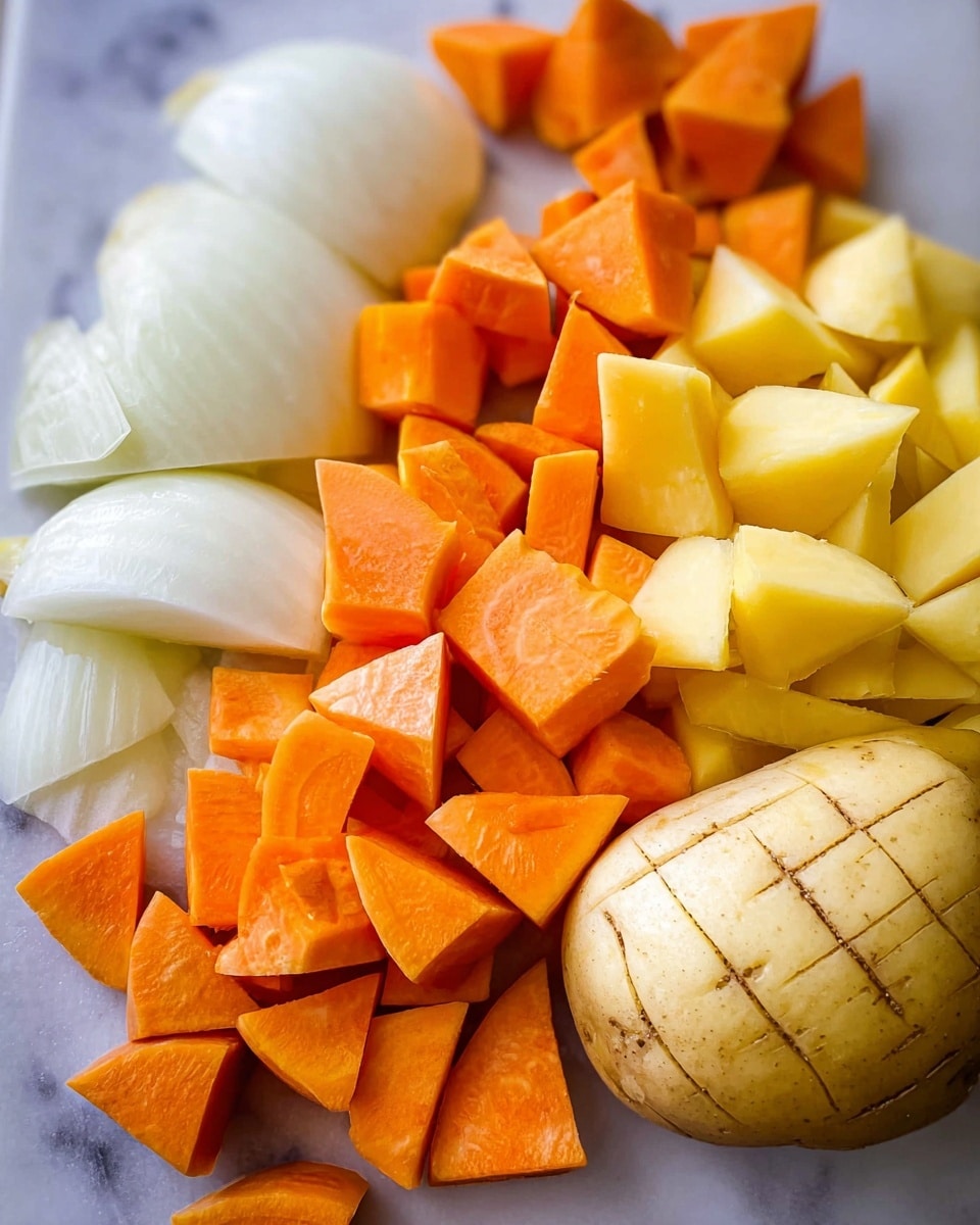The image shows a close-up of chopped vegetables on a white marbled surface. There are three types of vegetables in rough sections: bright orange carrot pieces cut into triangles, yellowish potatoes cut into uneven chunks and a larger potato with a grid pattern scored on its skin in the bottom right, and two sections of white onion on the left with smooth surfaces. The vegetables are arranged closely without overlapping, showing clear textures of each type. The lighting highlights the fresh, raw texture of the vegetables. photo taken with an iphone --ar 4:5 --v 7
