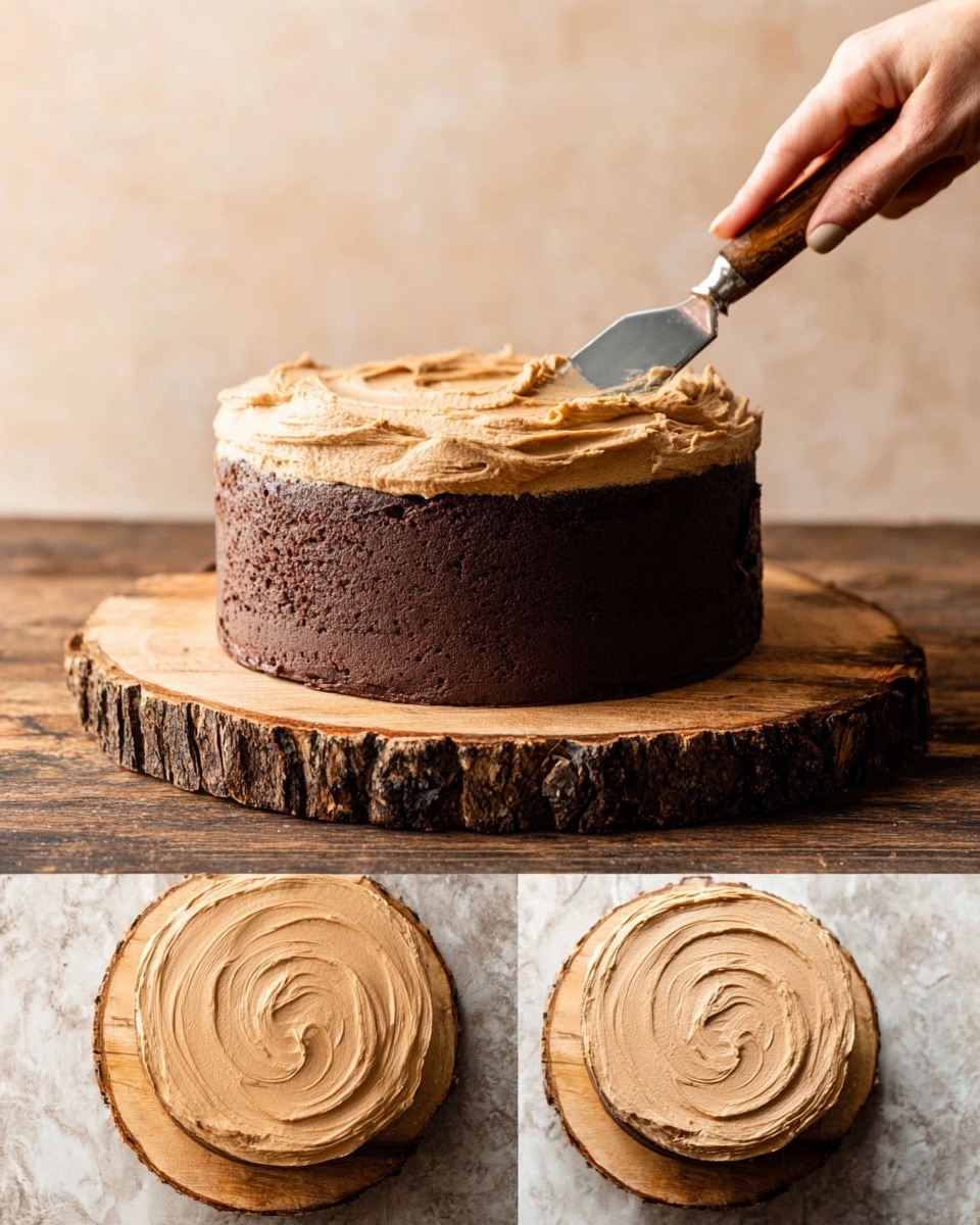A two-layer dark chocolate cake sits on a wooden round board with rough edges, placed on a white marbled surface. The top layer has a thick swirl of smooth light brown frosting being spread evenly by a woman's hand holding a spatula with a wooden handle and metal blade. The next image shows the same cake fully frosted with the same light brown frosting, which is creamy and slightly textured, covering the cake evenly but still revealing a few dark spots of the cake under the thin outer layer. The cake is still on the wooden board, giving a rustic look, and the background is a soft beige color. Photo taken with an iphone --ar 4:5 --v 7