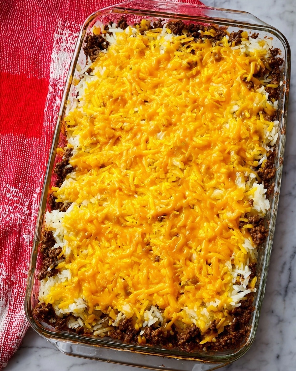 A rectangular clear glass baking dish filled with a layered casserole. The bottom layer is dark brown cooked ground meat, spread evenly. On top of that is a layer of white shredded potatoes, scattered with some gaps showing the meat below. The top layer is melted cheddar cheese, bright orange-yellow, melted unevenly over the potatoes, creating a slightly shiny texture. The dish sits on a white marbled surface with a red and white cloth under one side in view. photo taken with an iphone --ar 4:5 --v 7