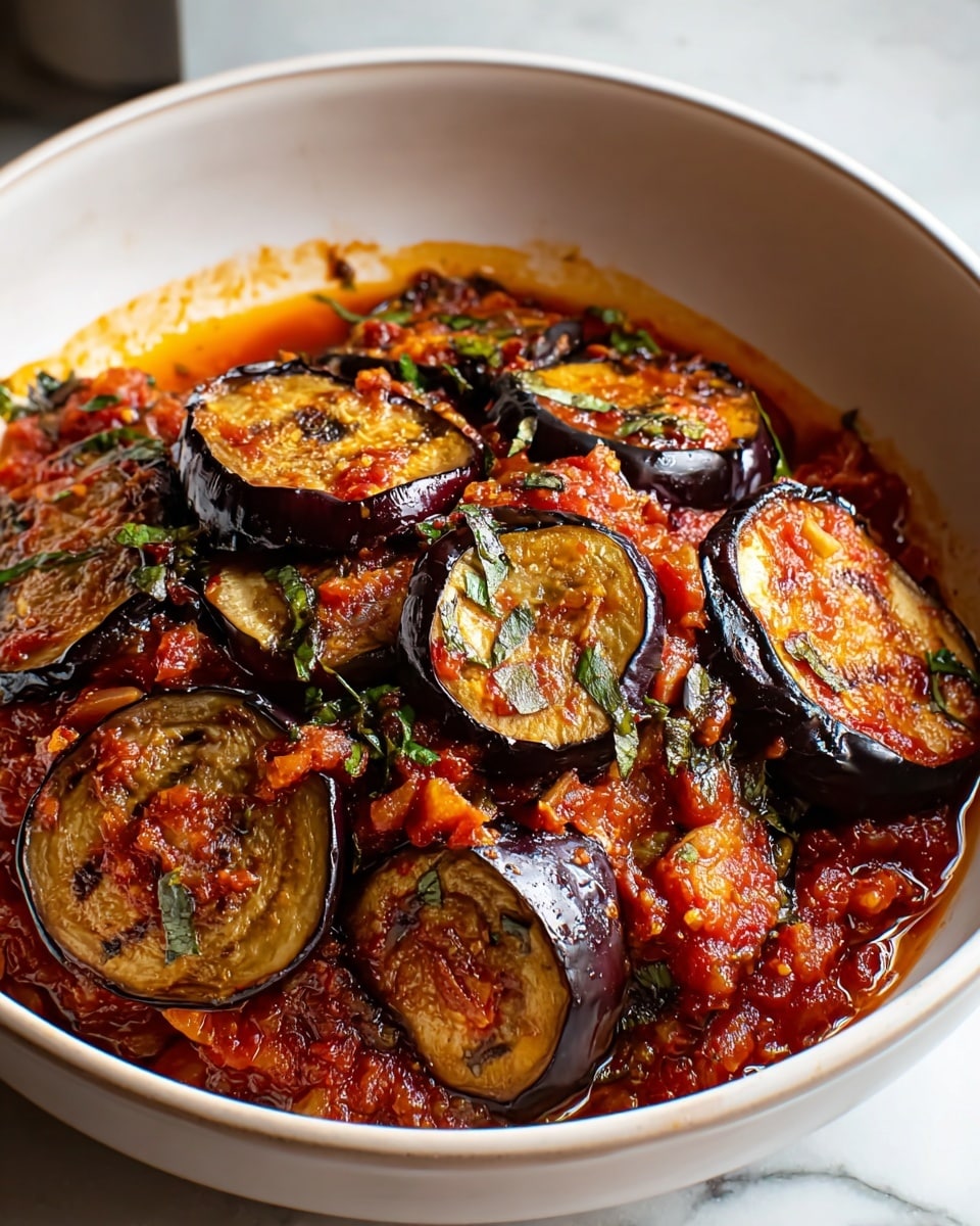 A close-up view of a white deep cooking pot filled with cooked thick slices of dark purple eggplant mixed with chunky bright red tomato sauce and bits of cooked onion. The eggplant pieces have shiny, soft golden brown centers and dark outer skin. Small green sprigs of fresh herbs are scattered throughout the dish, adding texture and color contrast. The sides of the pot show some tomato sauce splashes, and the whole scene is set on a white marbled surface. Photo taken with an iphone --ar 4:5 --v 7
