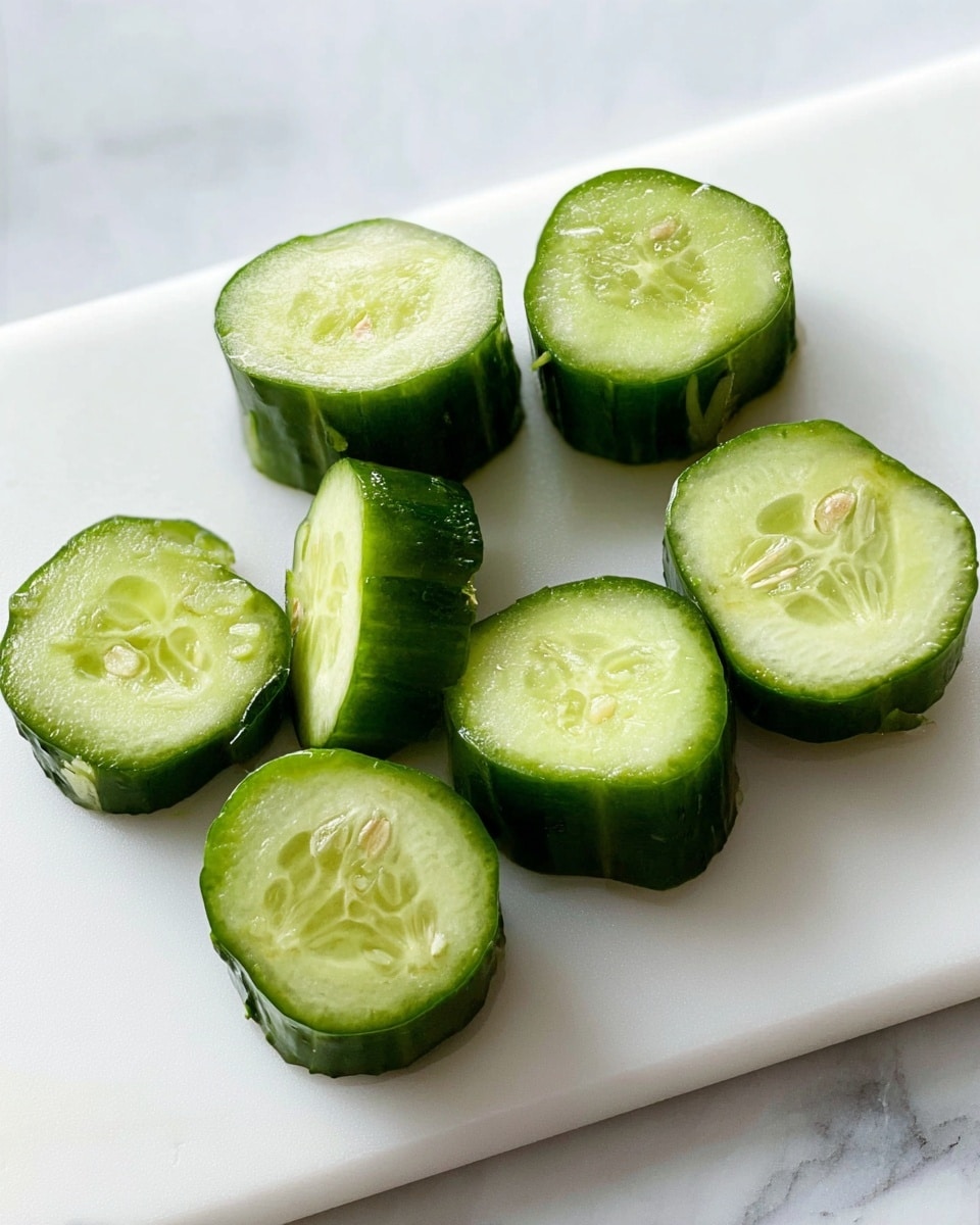 The image shows nine pieces of sliced cucumber placed scattered on a white cutting board with a smooth texture, set against a white marbled surface. Each cucumber piece displays a dark green outer skin with a fresh, light green interior, revealing the pale seeds in the center. The slices are uneven in size, with some standing upright and others lying flat, giving a natural and casual look. There is no additional garnish or decoration around the cucumber slices. Photo taken with an iphone --ar 4:5 --v 7