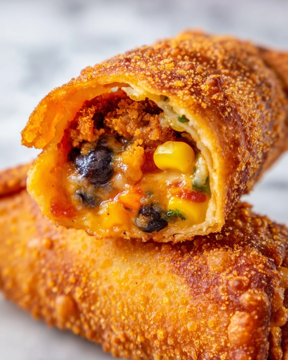 The image shows a close-up of a crispy, golden-brown fried roll with a rough, bubbly texture on the outside. The roll is cut open to reveal multiple layers inside: a thin, crunchy outer shell, followed by visible layers of melted orange cheese, black beans, yellow corn kernels, and small chunks of a light brown filling with hints of red and green, which could be peppers or spices. The filling looks gooey and mixed, with some melted cheese blending through the other ingredients. The background is blurred with a white marbled texture in view. Photo taken with an iphone --ar 4:5 --v 7